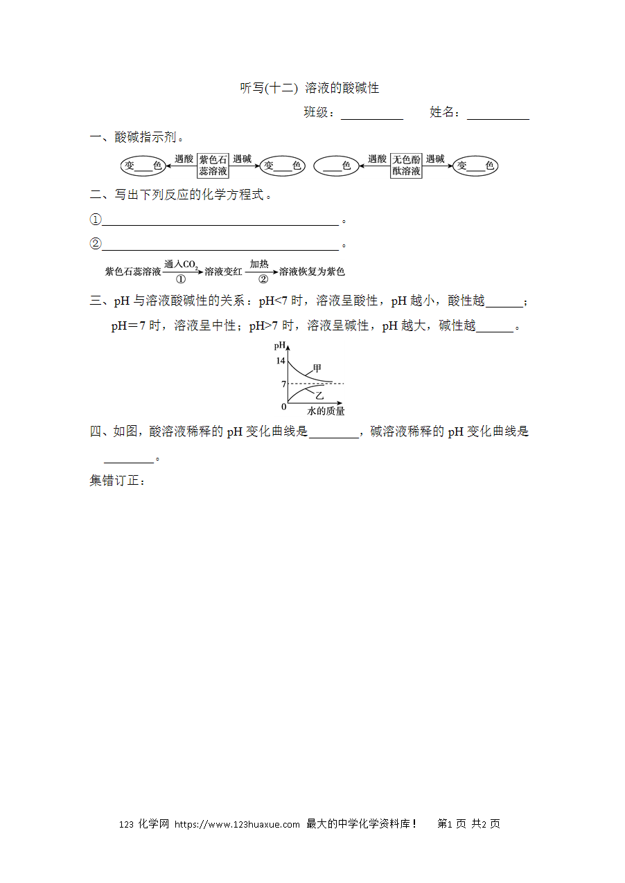 【默写练习】中考化学复习默写小纸条（听写小条本）(12)溶液的酸碱性word版含答案-1