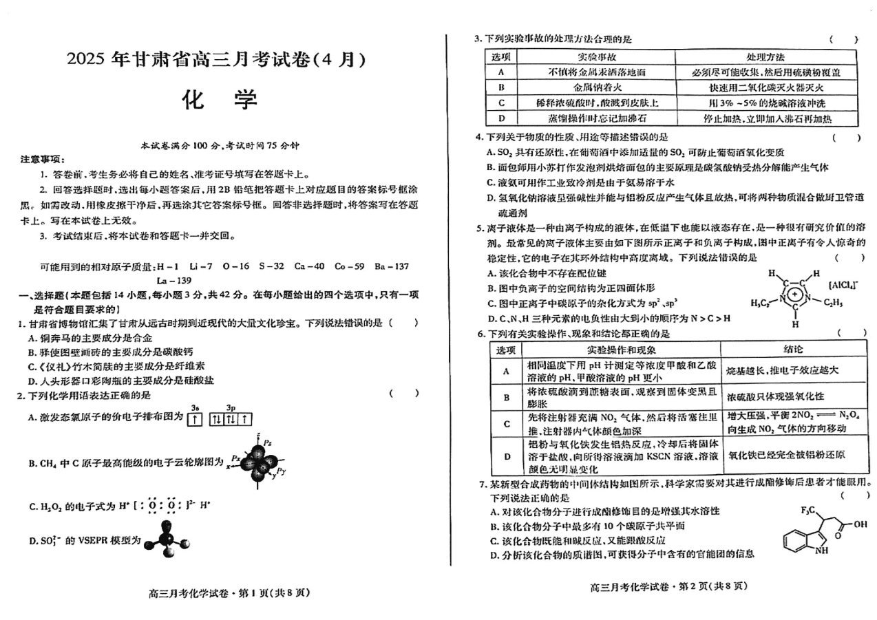 【甘肃卷】甘肃省2025年甘肃甘肃月考试卷(四4月)(甘肃二诊)(4