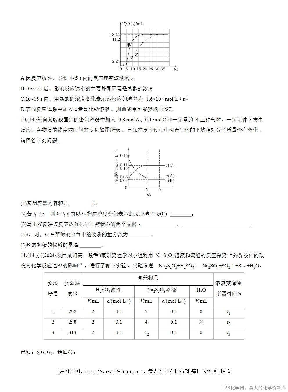 2025年高中化学人教版必修二第6章作业15变量控制反应速率与限度的图像题WORD版含答案解析-4