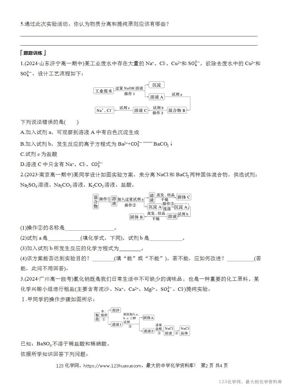 人教版必修第二册第5章第3节实验活动4导学案《用化学沉淀法去除粗盐中的杂质离子》WORD版含答案-2