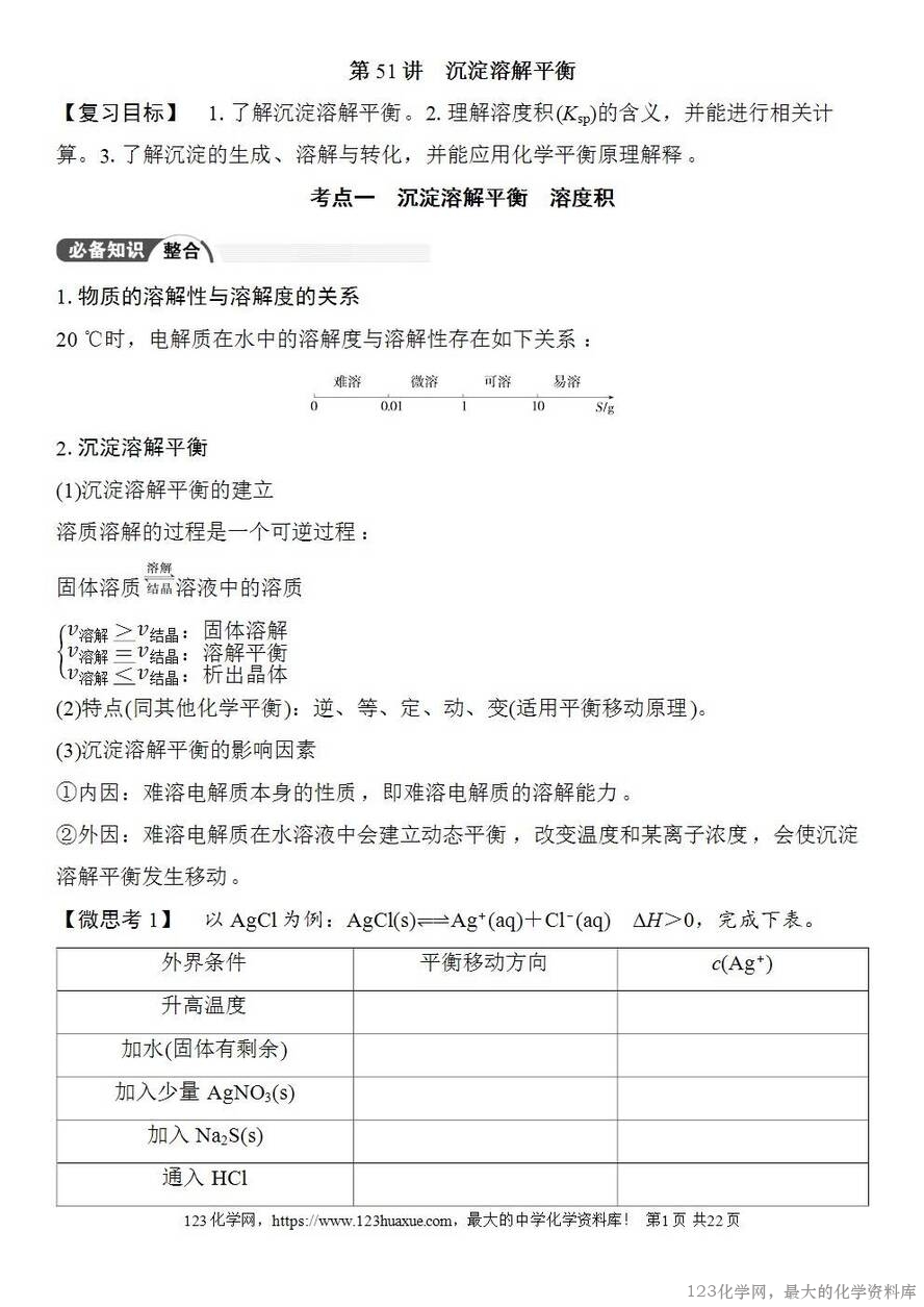 [学案+练习+课件]2026高考化学一轮复习第51讲沉淀溶解平衡-1