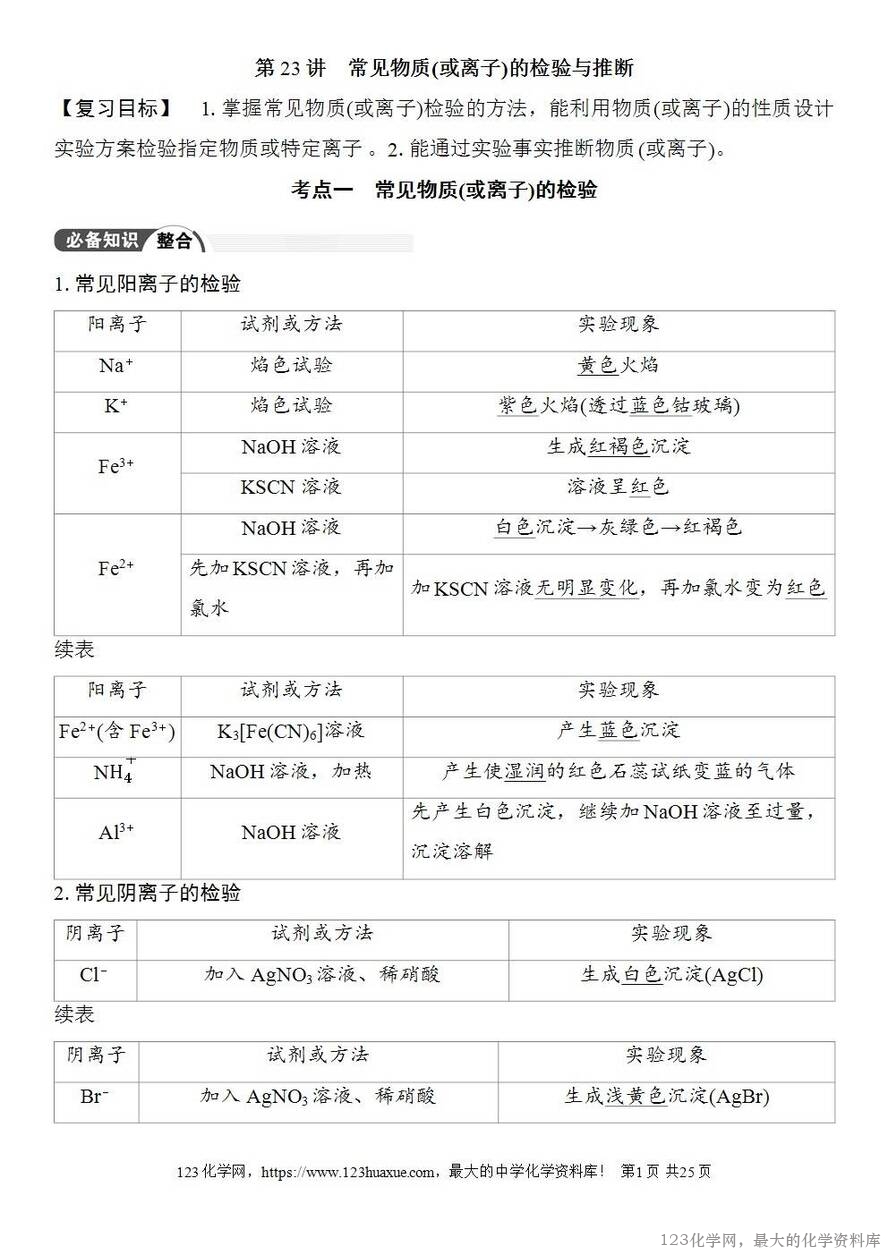 [学案+练习+课件]2026高考化学一轮复习第23讲常见物质(或离子)的检验与推断-1