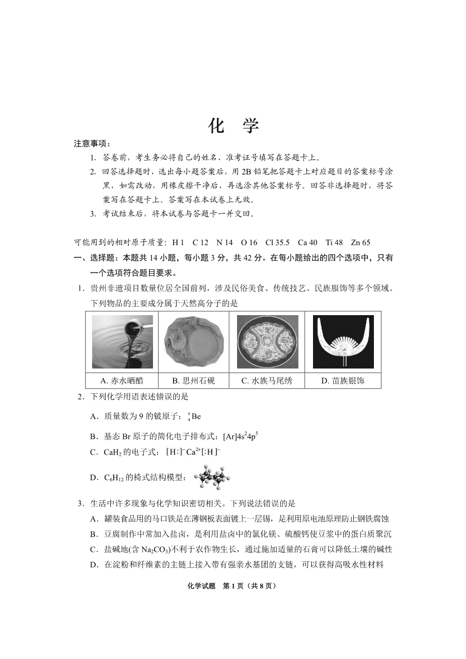 贵州省2025年基础教育质量提升普通高中教学检测化学-1