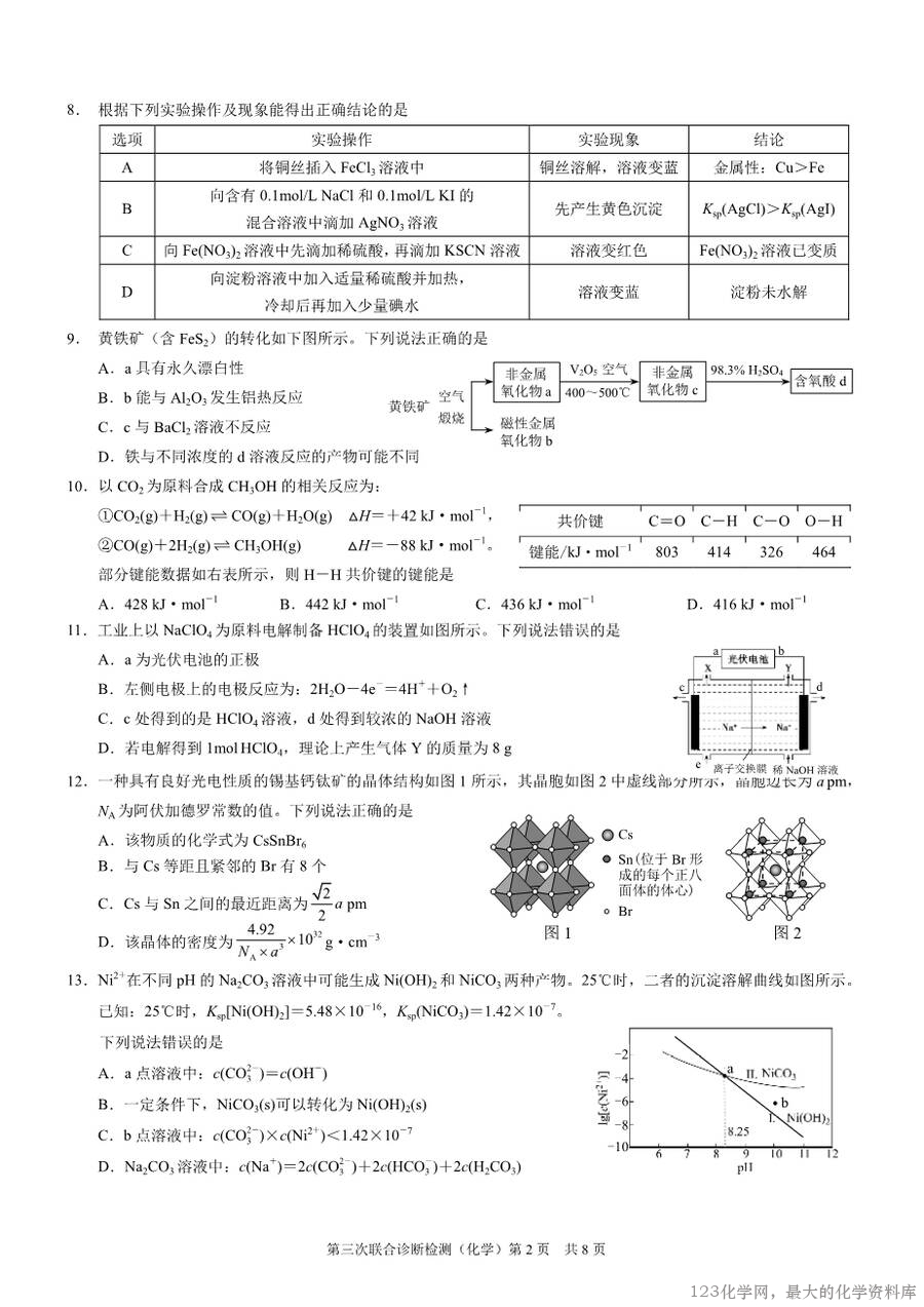 2025届重庆康德三诊化学+答案-2